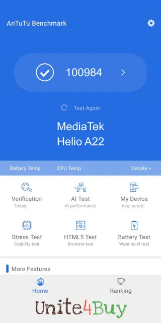 MediaTek Helio A22 Antutu Benchmark результаты теста (score / баллы)
