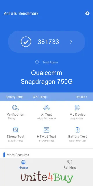 Qualcomm Snapdragon 750G Antutu Benchmark результаты теста (score / баллы)