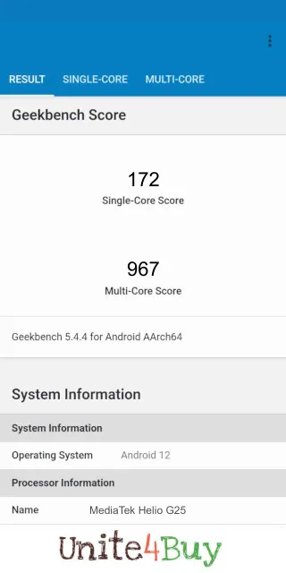 MediaTek Helio G25 Geekbench Benchmark результаты теста (score / баллы)