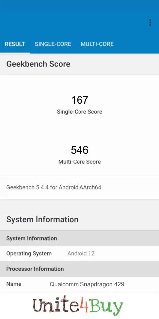 Qualcomm Snapdragon 429 Geekbench Benchmark результаты теста (score / баллы)