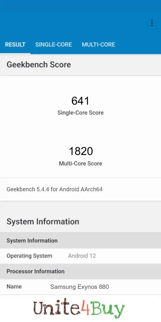 Samsung Exynos 880 Geekbench Benchmark результаты теста (score / баллы)