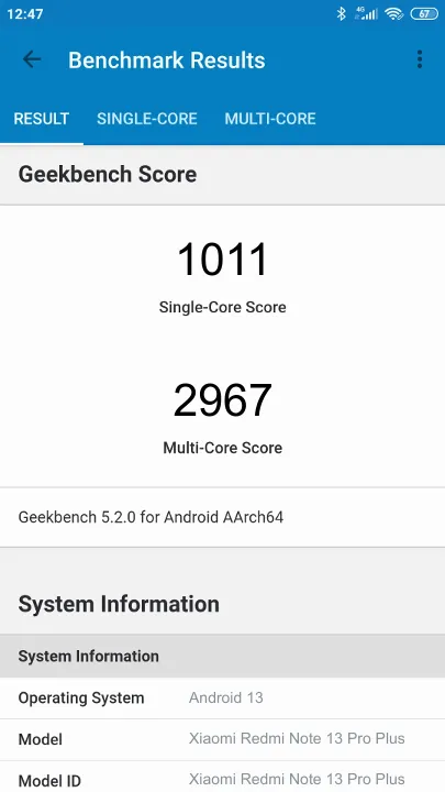 Xiaomi Redmi Note 13 Pro Plus Geekbench Benchmark результаты теста (score / баллы)