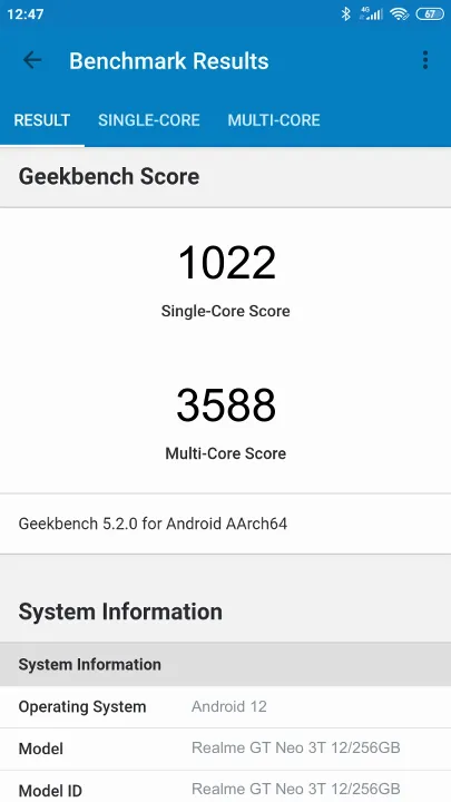 Realme GT Neo 3T 12/256GB Geekbench Benchmark результаты теста (score / баллы)