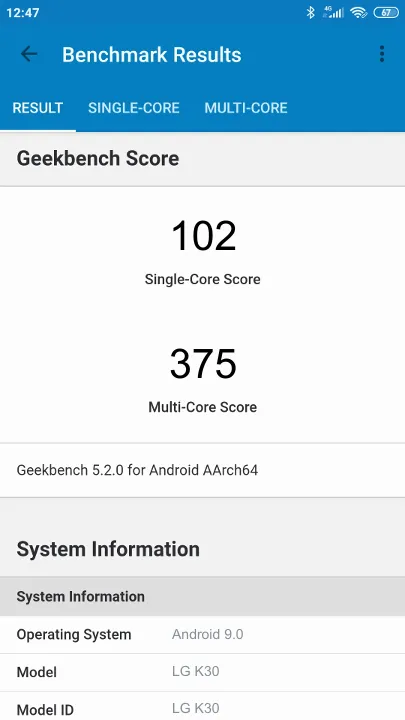 LG K30 Geekbench Benchmark результаты теста (score / баллы)