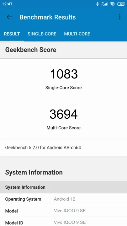 Vivo IQOO 9 SE Geekbench Benchmark результаты теста (score / баллы)
