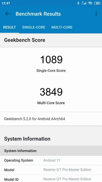 Realme GT Pro Master Edition Geekbench Benchmark результаты теста (score / баллы)