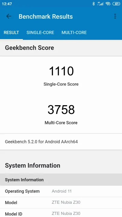 ZTE Nubia Z30 Geekbench Benchmark результаты теста (score / баллы)