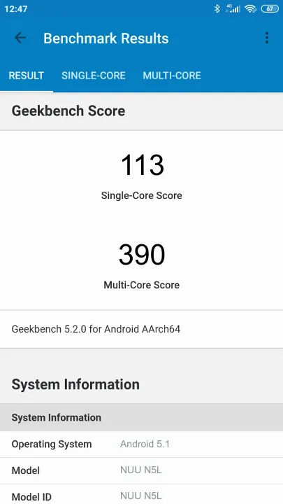 NUU N5L Geekbench Benchmark результаты теста (score / баллы)