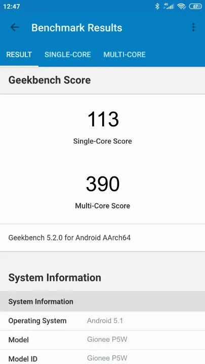 Gionee P5W Geekbench Benchmark результаты теста (score / баллы)