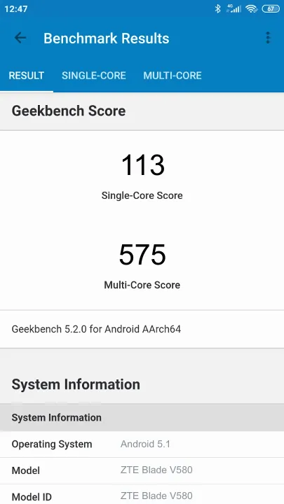ZTE Blade V580 Geekbench Benchmark результаты теста (score / баллы)