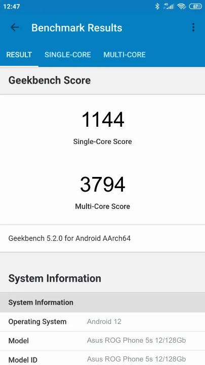 Asus ROG Phone 5s 12/128Gb Geekbench Benchmark результаты теста (score / баллы)