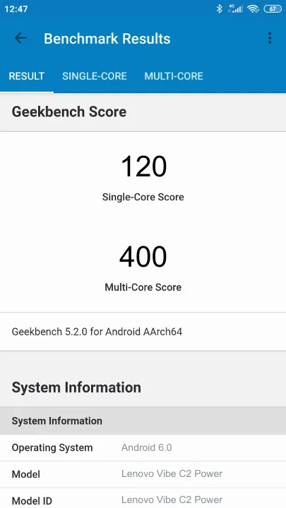 Lenovo Vibe C2 Power Geekbench Benchmark результаты теста (score / баллы)
