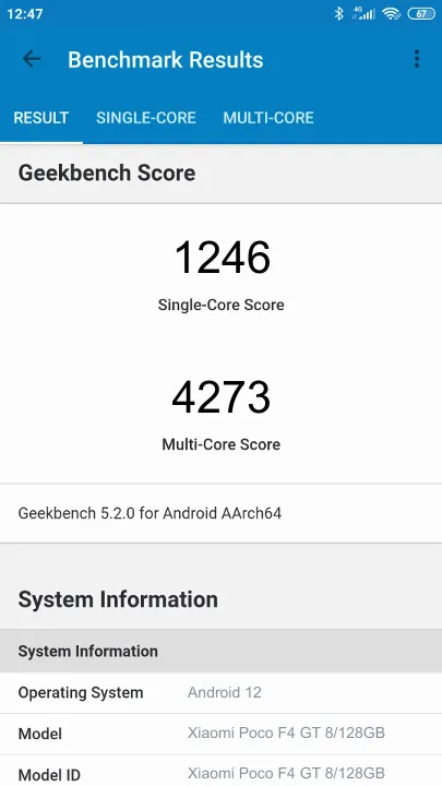 Xiaomi Poco F4 GT 8/128GB Geekbench Benchmark результаты теста (score / баллы)
