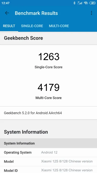 Xiaomi 12S 8/128 Chinese version Geekbench Benchmark результаты теста (score / баллы)