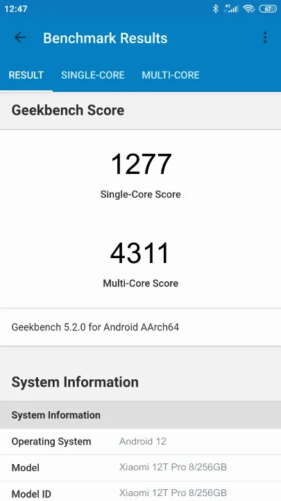 Xiaomi 12T Pro 8/256GB Geekbench Benchmark результаты теста (score / баллы)