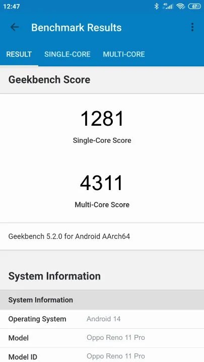 Oppo Reno 11 Pro Geekbench Benchmark результаты теста (score / баллы)