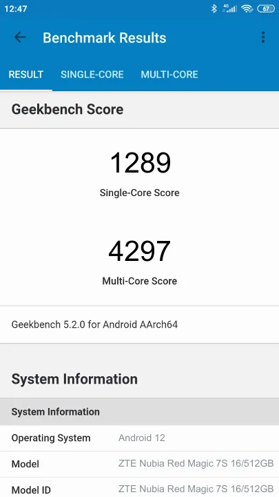 ZTE Nubia Red Magic 7S 16/512GB Geekbench Benchmark результаты теста (score / баллы)