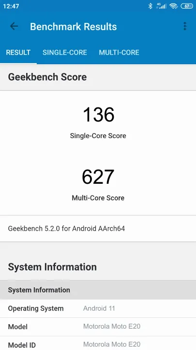 Motorola Moto E20 Geekbench Benchmark результаты теста (score / баллы)