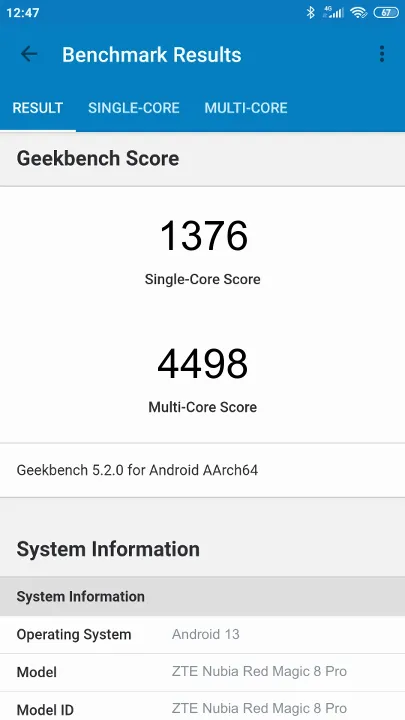 ZTE Nubia Red Magic 8 Pro 12/256GB Global Version Geekbench Benchmark результаты теста (score / баллы)