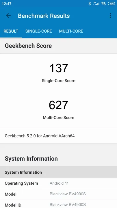 Blackview BV4900S Geekbench Benchmark результаты теста (score / баллы)