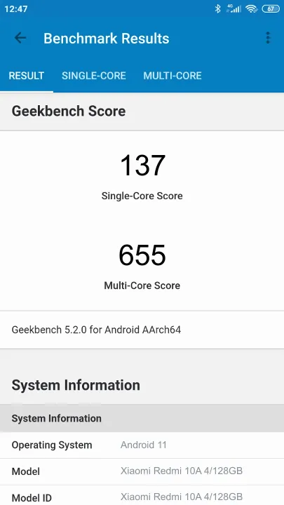Xiaomi Redmi 10A 4/128GB Geekbench Benchmark результаты теста (score / баллы)