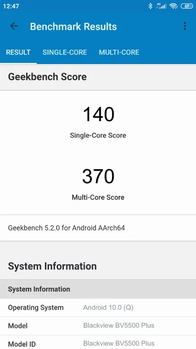 Blackview BV5500 Plus Geekbench Benchmark результаты теста (score / баллы)