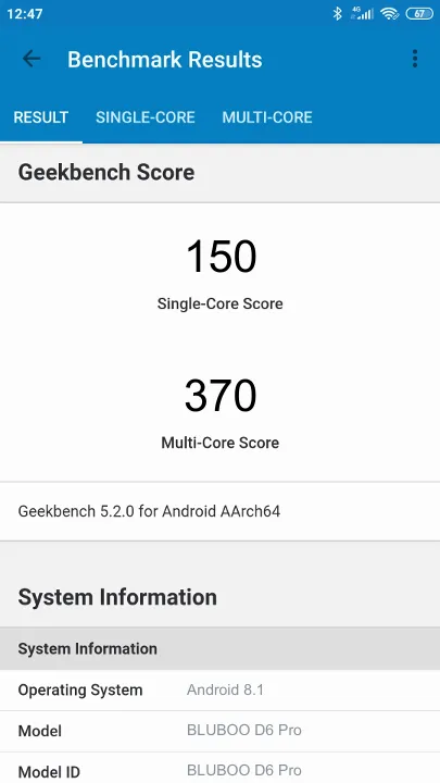 BLUBOO D6 Pro Geekbench Benchmark результаты теста (score / баллы)