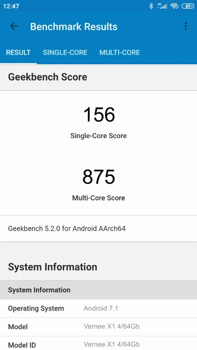 Vernee X1 4/64Gb Geekbench Benchmark результаты теста (score / баллы)