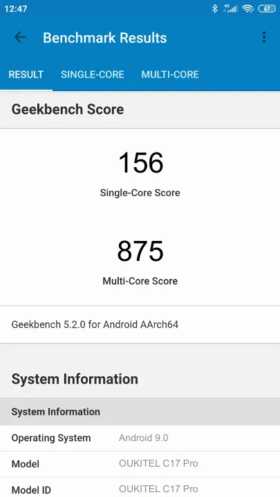 OUKITEL C17 Pro Geekbench Benchmark результаты теста (score / баллы)