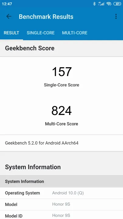 Honor 9S Geekbench Benchmark результаты теста (score / баллы)