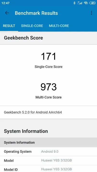 Huawei Y6S 3/32GB Geekbench Benchmark результаты теста (score / баллы)