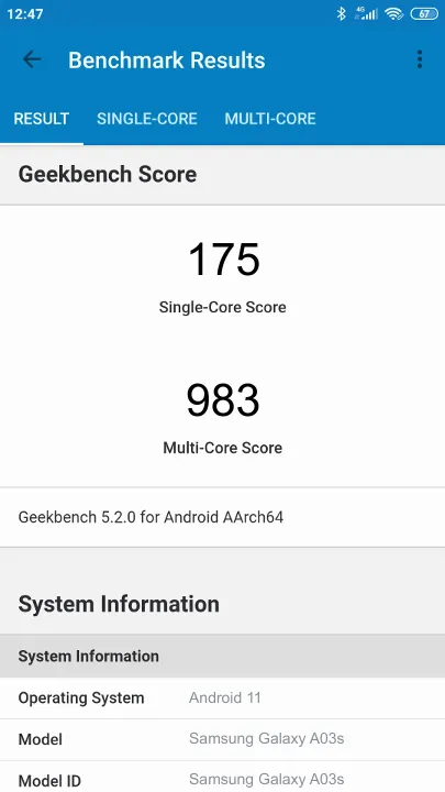 Samsung Galaxy A03s Geekbench Benchmark результаты теста (score / баллы)