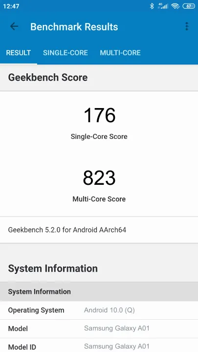 Samsung Galaxy A01 Geekbench Benchmark результаты теста (score / баллы)