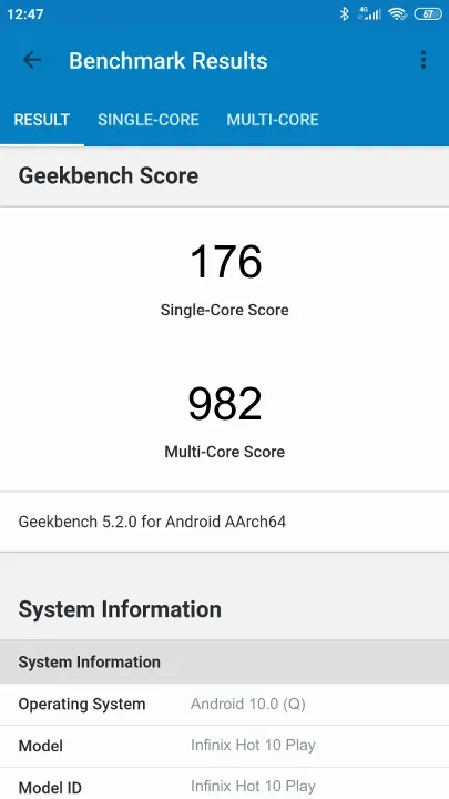 Infinix Hot 10 Play Geekbench Benchmark результаты теста (score / баллы)