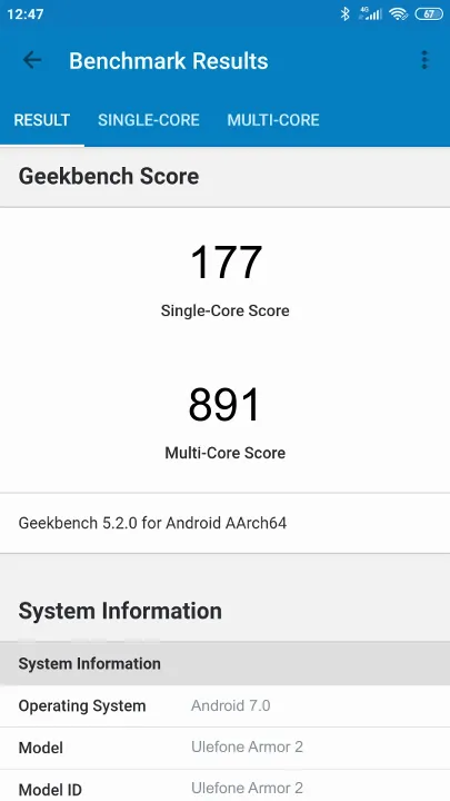 Ulefone Armor 2 Geekbench Benchmark результаты теста (score / баллы)