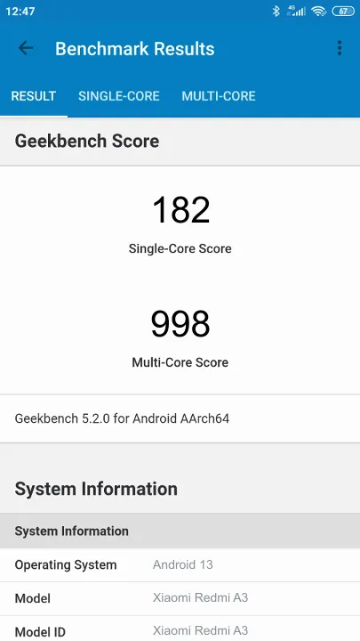 Xiaomi Redmi A3 Geekbench Benchmark результаты теста (score / баллы)