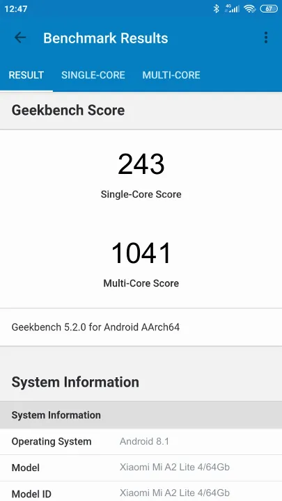 Xiaomi Mi A2 Lite 4/64Gb Geekbench Benchmark результаты теста (score / баллы)