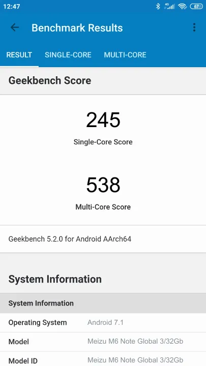 Meizu M6 Note Global 3/32Gb Geekbench Benchmark результаты теста (score / баллы)