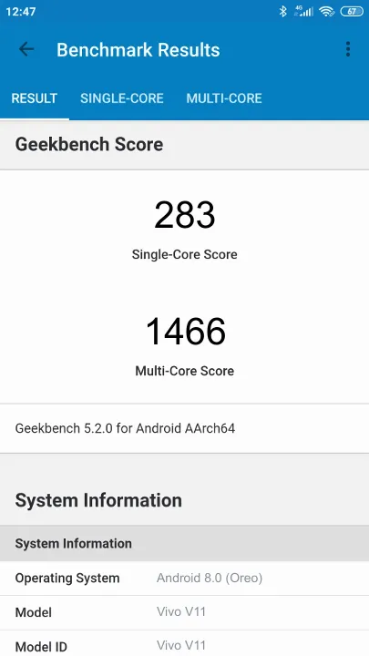 Vivo V11 Geekbench Benchmark результаты теста (score / баллы)