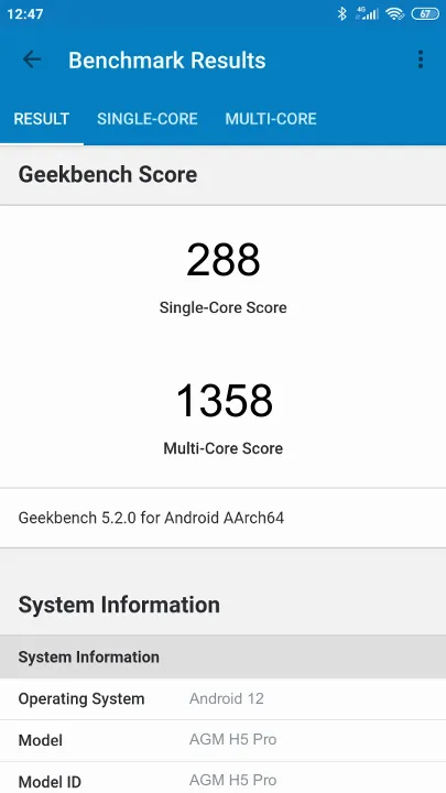 AGM H5 Pro Geekbench Benchmark результаты теста (score / баллы)
