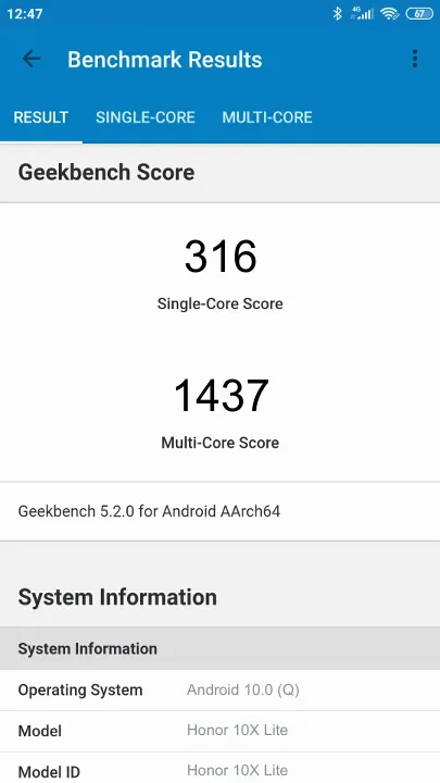 Honor 10X Lite Geekbench Benchmark результаты теста (score / баллы)