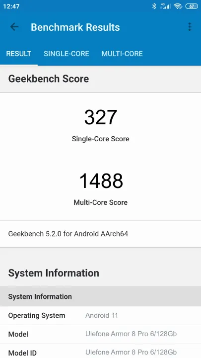 Ulefone Armor 8 Pro 6/128Gb Geekbench Benchmark результаты теста (score / баллы)