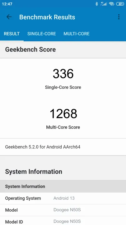 Doogee N50S Geekbench Benchmark результаты теста (score / баллы)