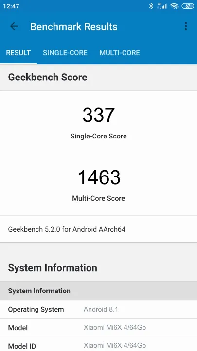 Xiaomi Mi6X 4/64Gb Geekbench Benchmark результаты теста (score / баллы)