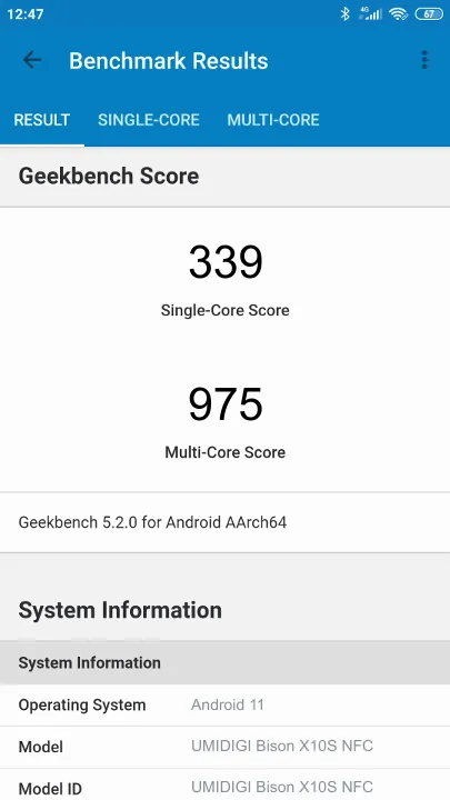 UMIDIGI Bison X10S NFC Geekbench Benchmark результаты теста (score / баллы)