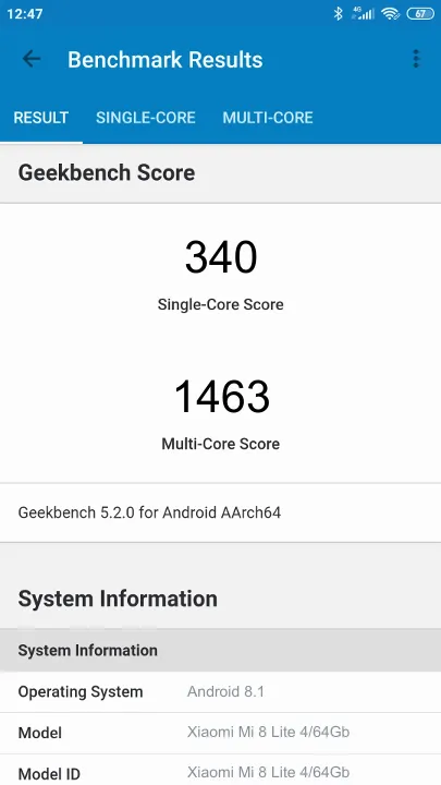Xiaomi Mi 8 Lite 4/64Gb Geekbench Benchmark результаты теста (score / баллы)