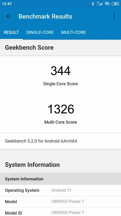UMIDIGI Power 7 Geekbench Benchmark результаты теста (score / баллы)