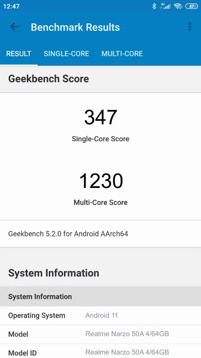 Realme Narzo 50A 4/64GB Geekbench Benchmark результаты теста (score / баллы)