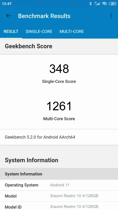 Xiaomi Redmi 10 4/128GB Geekbench Benchmark результаты теста (score / баллы)