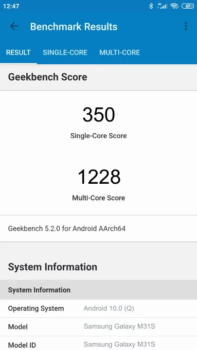 Samsung Galaxy M31S Geekbench Benchmark результаты теста (score / баллы)